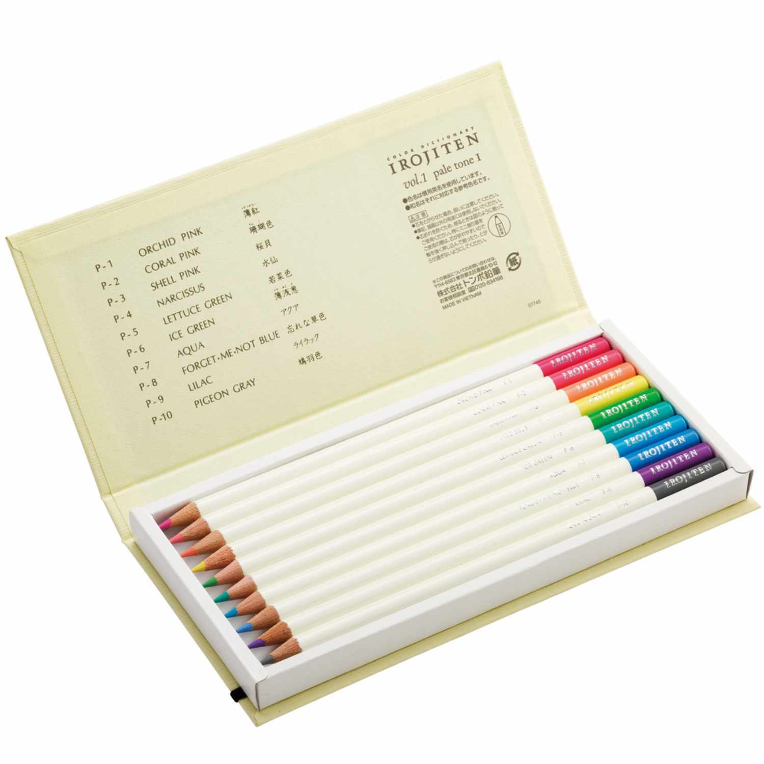 IROJITEN Farbstifte Set Pastellfarben I, 10 Stück von Tombow. Offene Schachtel mit bunten Stiften. Ideal für kreative Projekte.