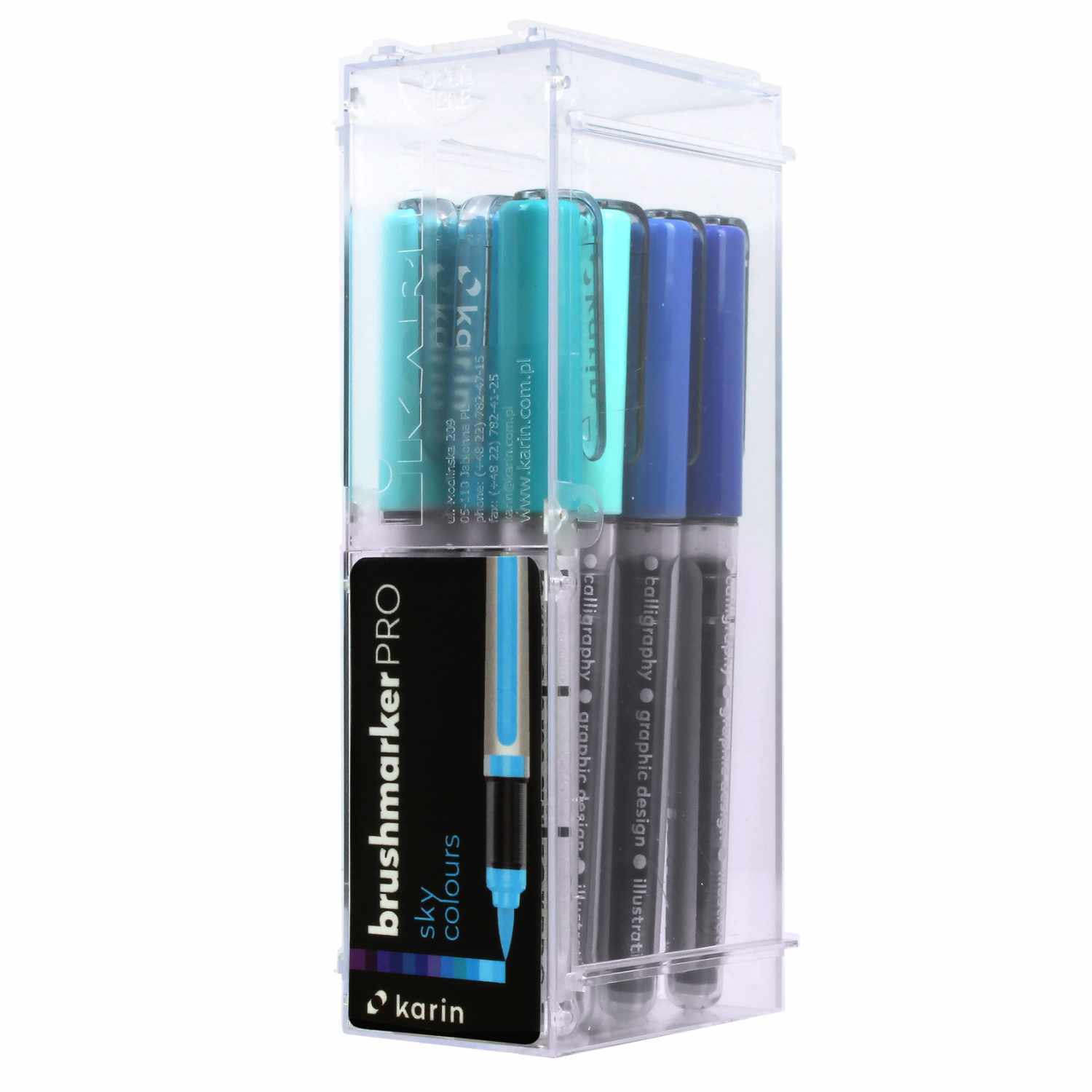 Brushmarker PRO Sky Colours Set 12 Farben in einer transparenten Box, ideal für kreative Projekte.