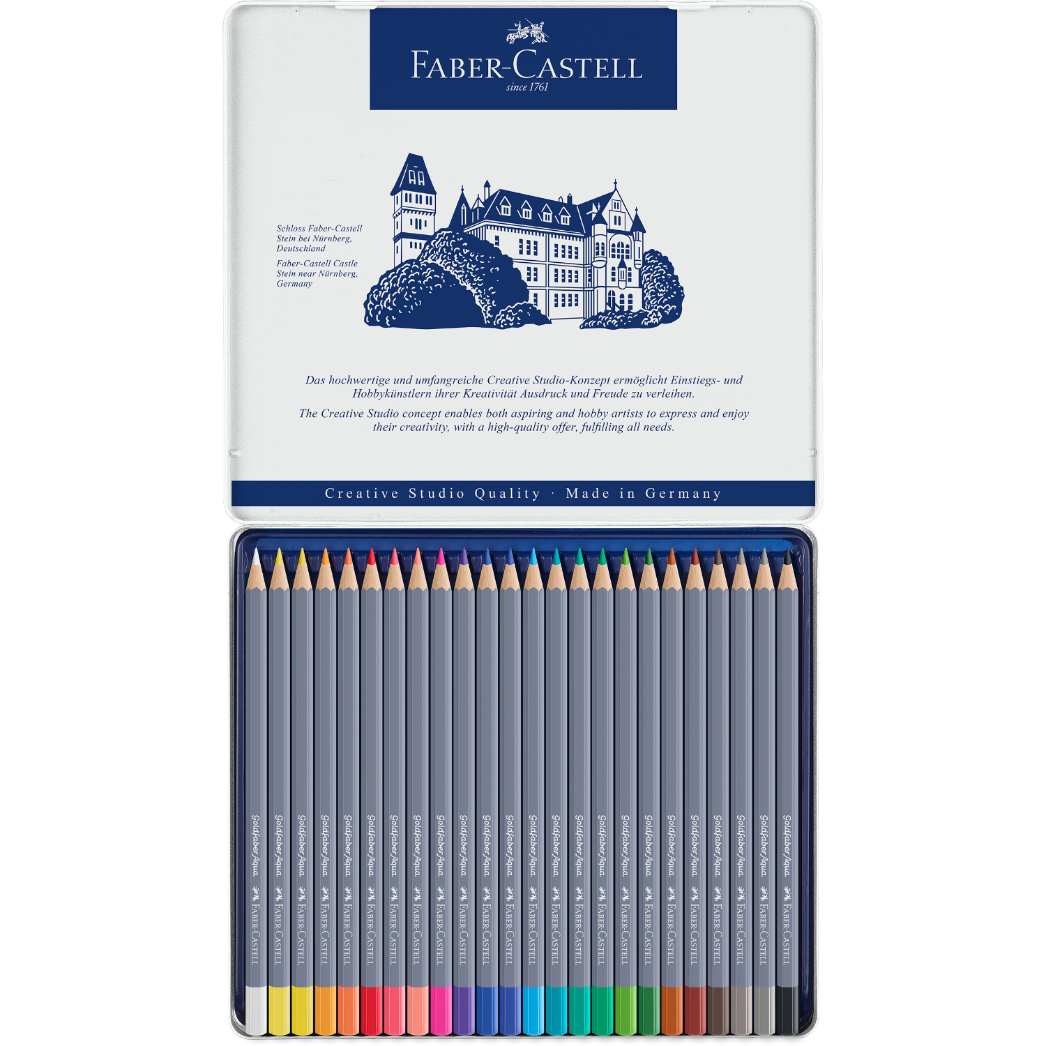 Goldfaber Aqua Aquarellstifte im Metalletui, 24-teilig, von Faber Castell, ideal für kreative Aquarellkunst.