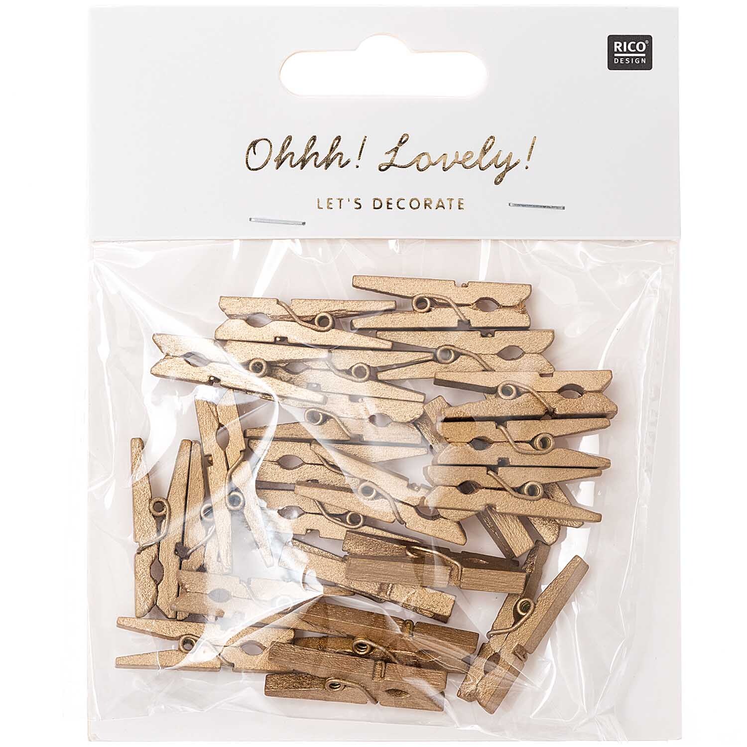 Holzklammern 3cm 24 Stück von Rico Design in einer transparenten Verpackung, ideal zum Dekorieren.