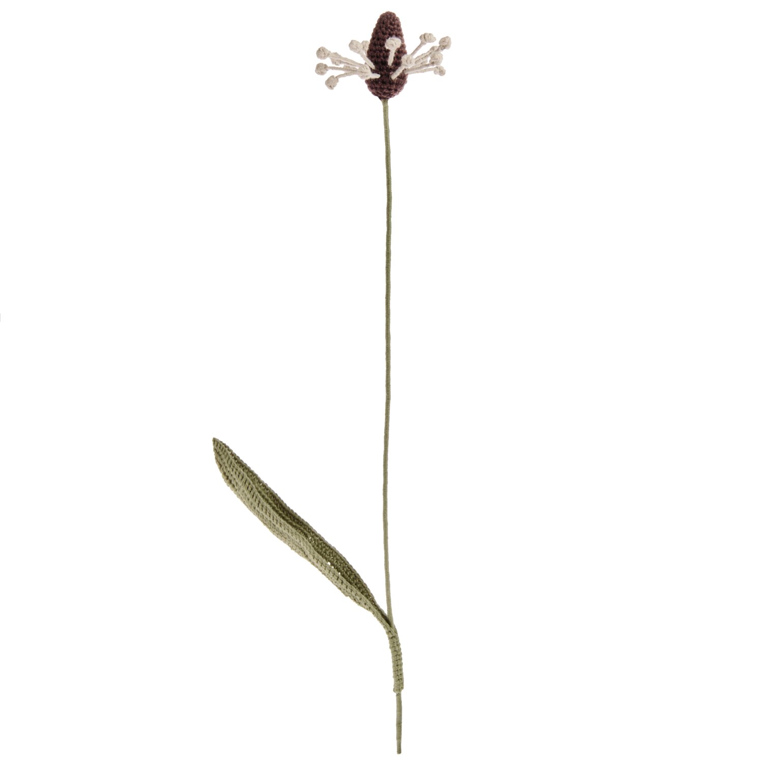 Ricorumi In the Meadow gehäkelte Wiesenblume mit langem grünem Stiel, seitlichem Blatt und dunkler Blüte mit hellen Staubgefäßen für natürliche Deko