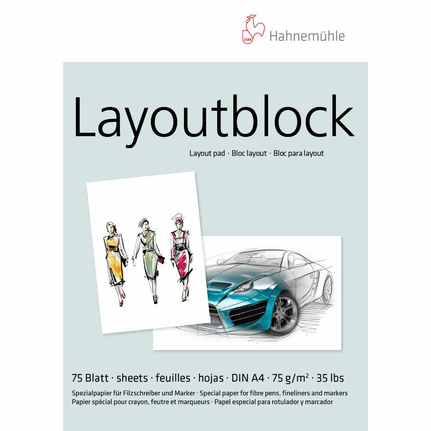 Layout-Block A4 75 Blatt von Hahnemühle zeigt Modezeichnungen und ein Auto auf dem Cover. Ideal für Skizzen.