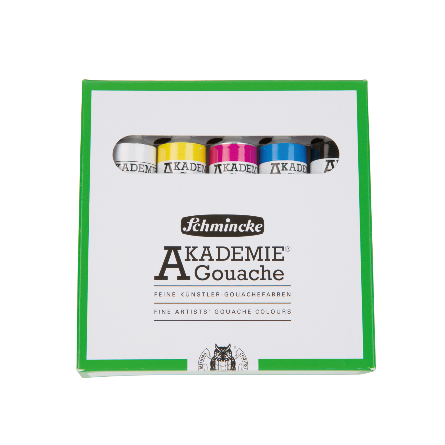 Akademie Gouache Kartonset 5x20ml mit fünf bunten Tuben, präsentiert in einer grünen Verpackung.