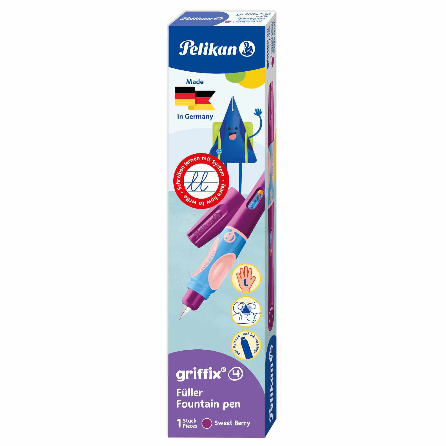 griffix® Füller für Linkshänder in Sweet Beery von Pelikan, ideal für Kinder, mit ergonomischem Design und deutscher Qualität.