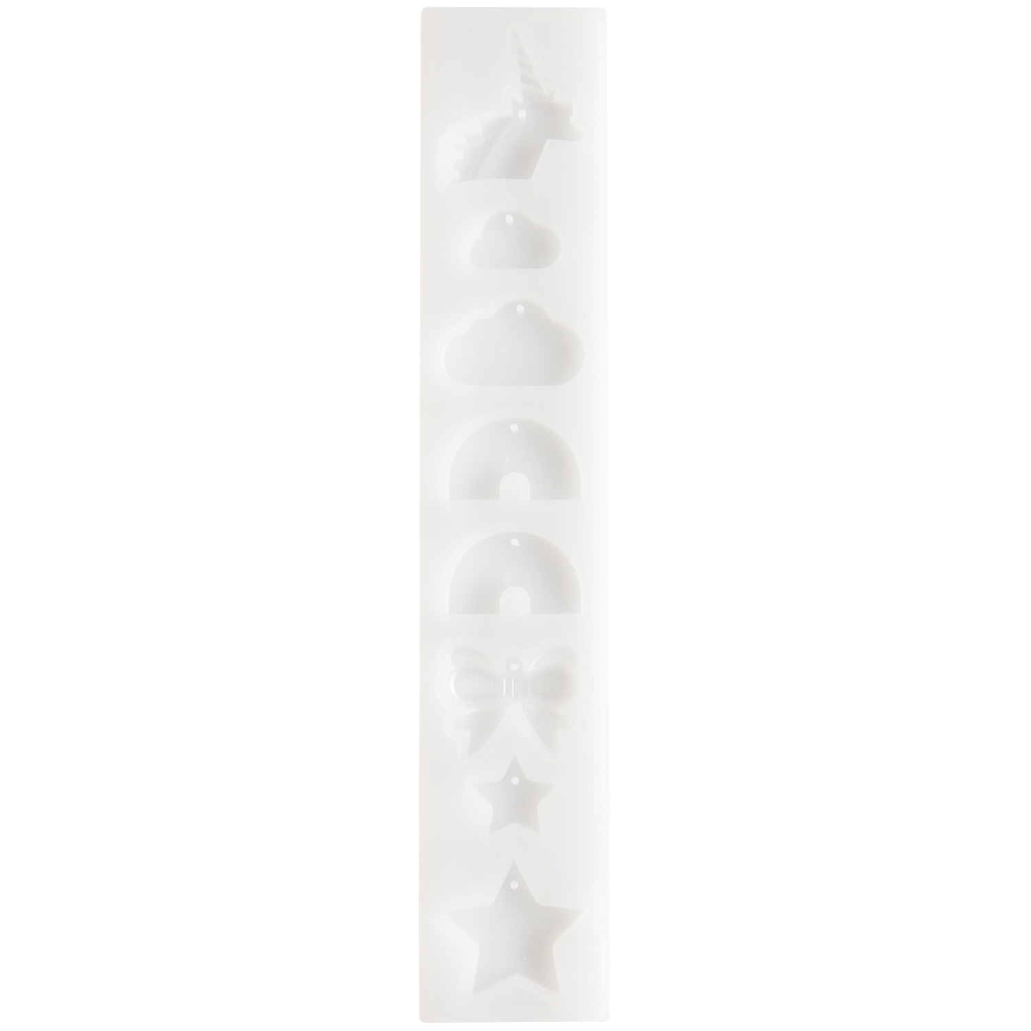 Silikon Gießform Anhänger Regenbogen von Rico Design zeigt Formen wie Einhorn, Wolken und Sterne. Ideal für kreative Bastelprojekte.