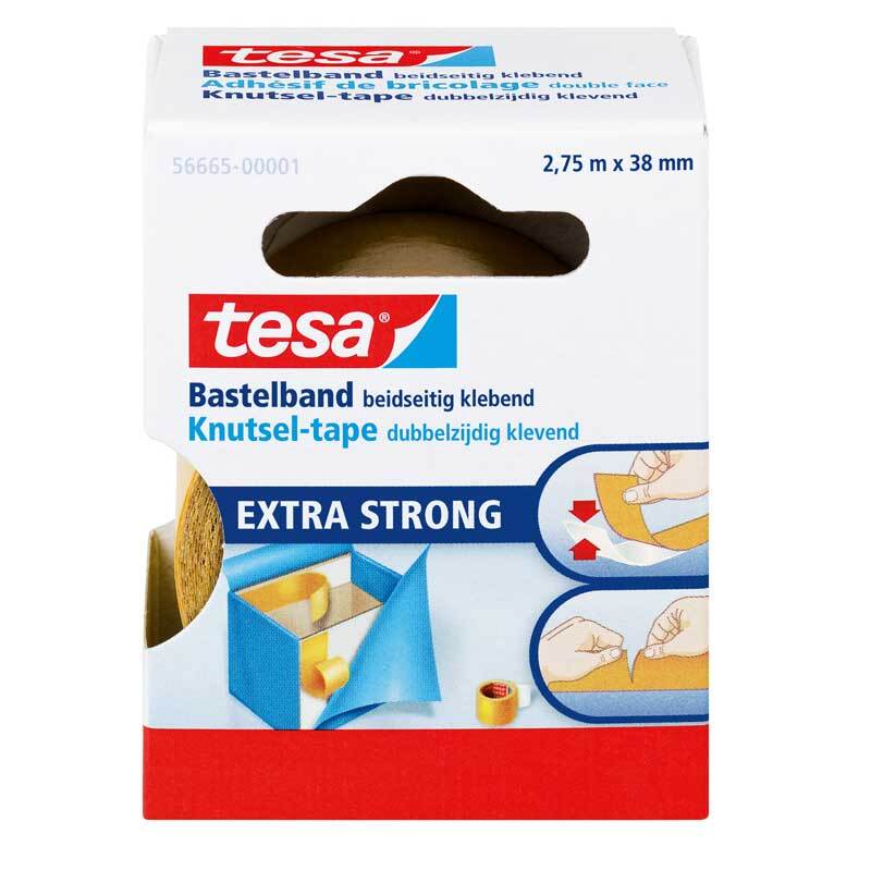 Bastelband doppelseitig 38mm 2,75m von tesa in einer blauen Verpackung mit rotem Logo, extra stark.