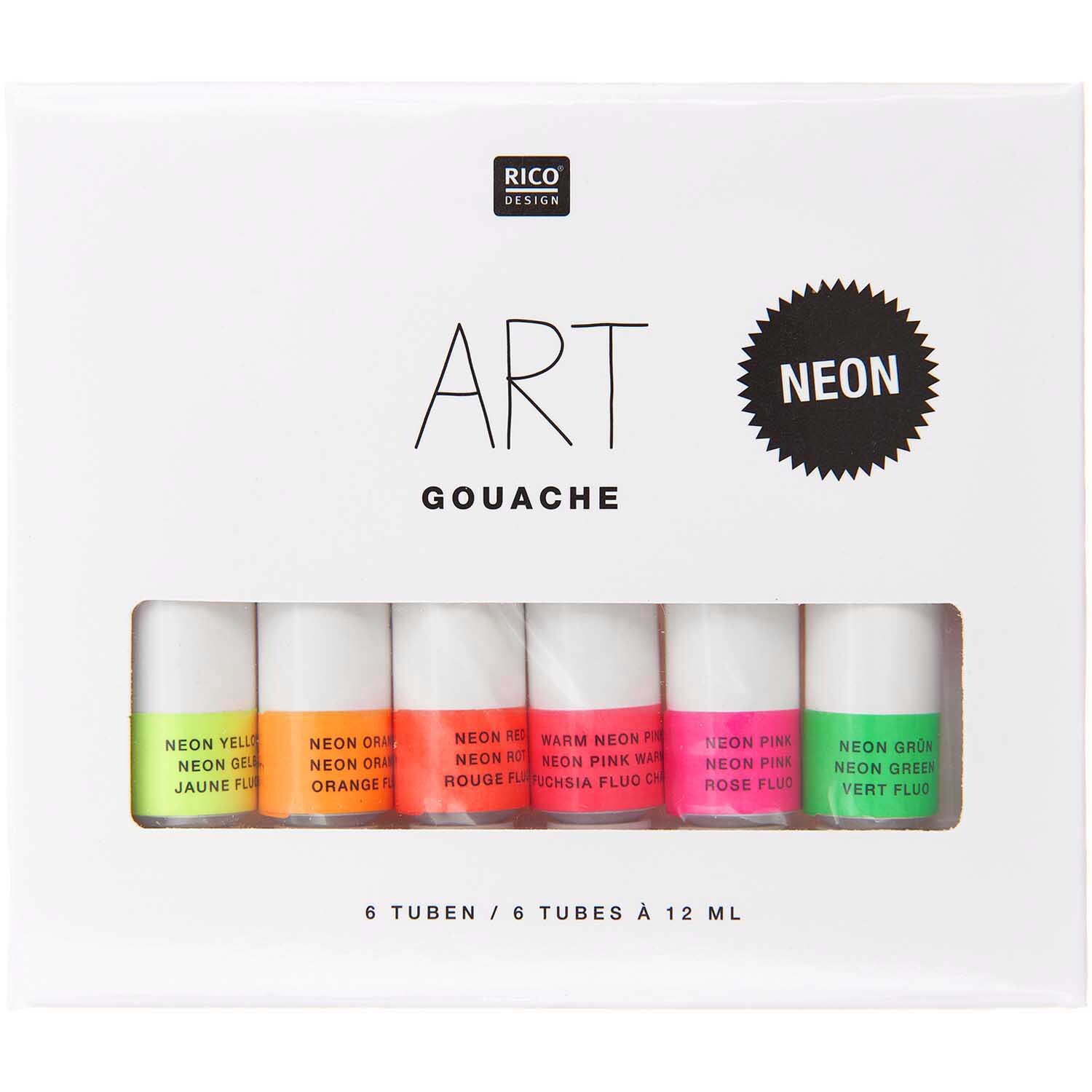 ART Gouache Set Neon 6x 12ml von Rico Design zeigt sechs leuchtende Gouache-Farben in einer weißen Verpackung.