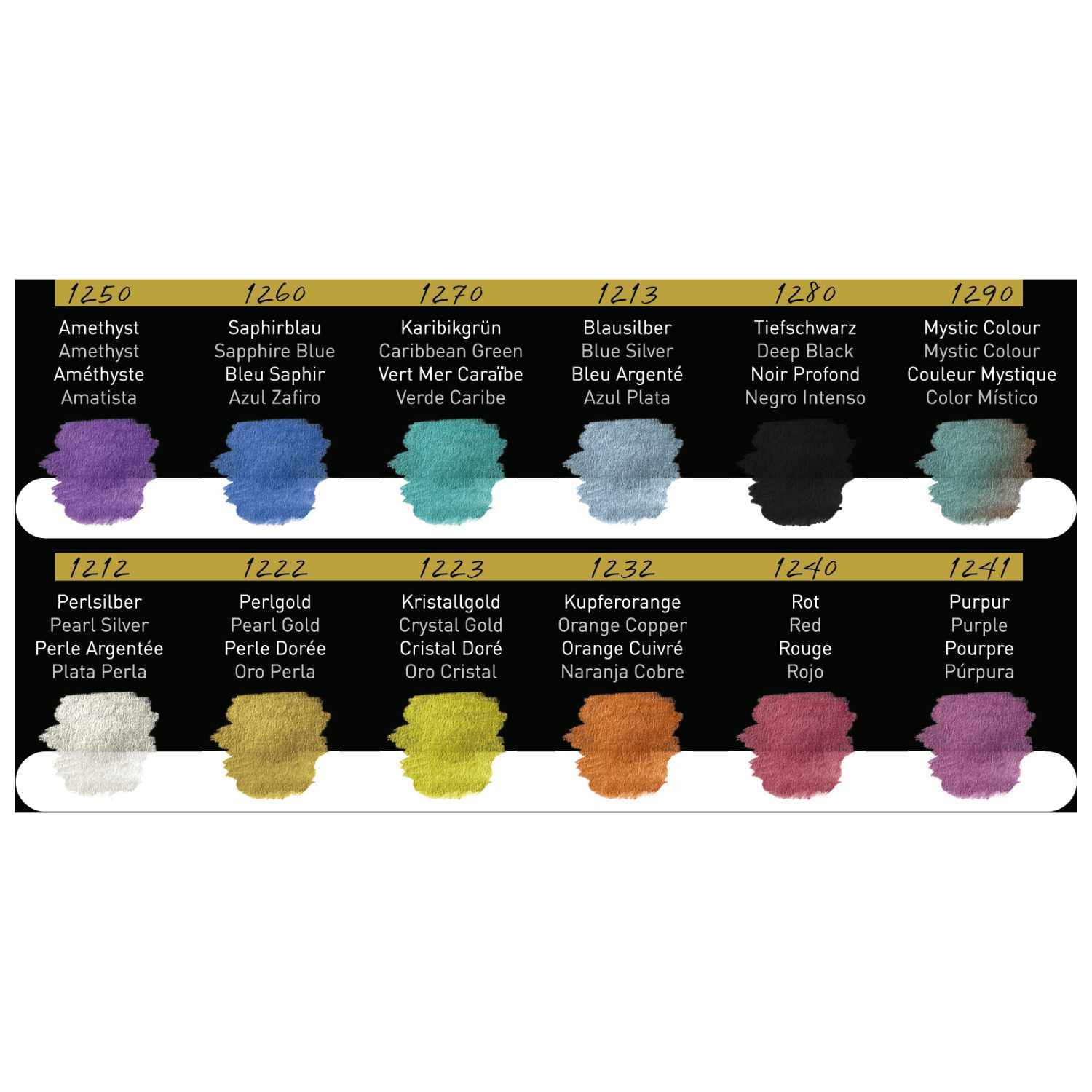 Perlglanzfarben Rainbow im Metallkasten mit 12 schimmernden Farben von FINETEC, ideal für kreative Projekte.