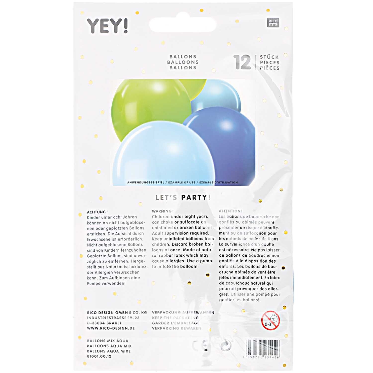 Luftballon Mix aqua 30cm 12 Stück von Rico Design: Bunte Ballons in Blau- und Grüntönen, ideal für Partys. Verpackung zeigt Ballons und Produktdetails.