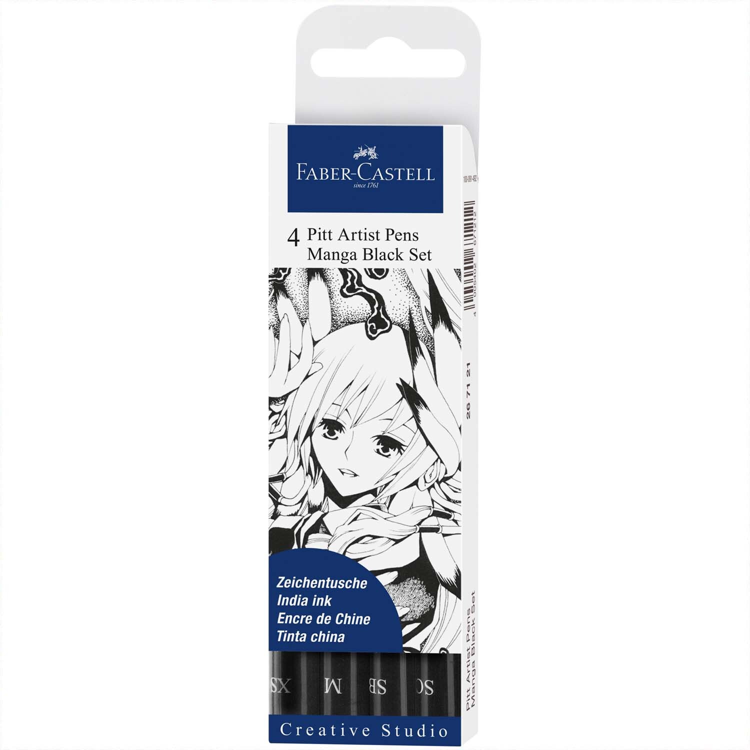Pitt Artist Pen schwarz Manga Tuschestift-Set, 4-teilig, mit Manga-Illustration auf der Verpackung. Ideal für kreative Zeichnungen.