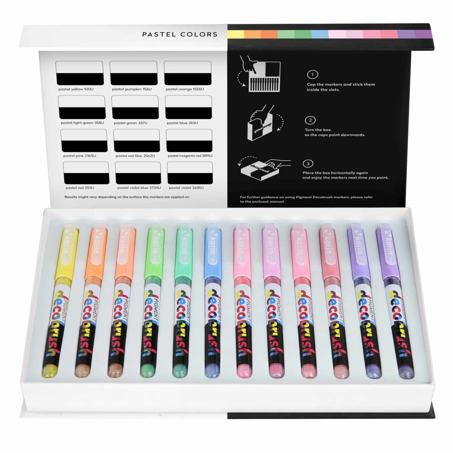 PIGMENT Deco Brush Marker Set mit 12 Pastellfarben, präsentiert in einer offenen Box. Ideal für kreative Projekte.