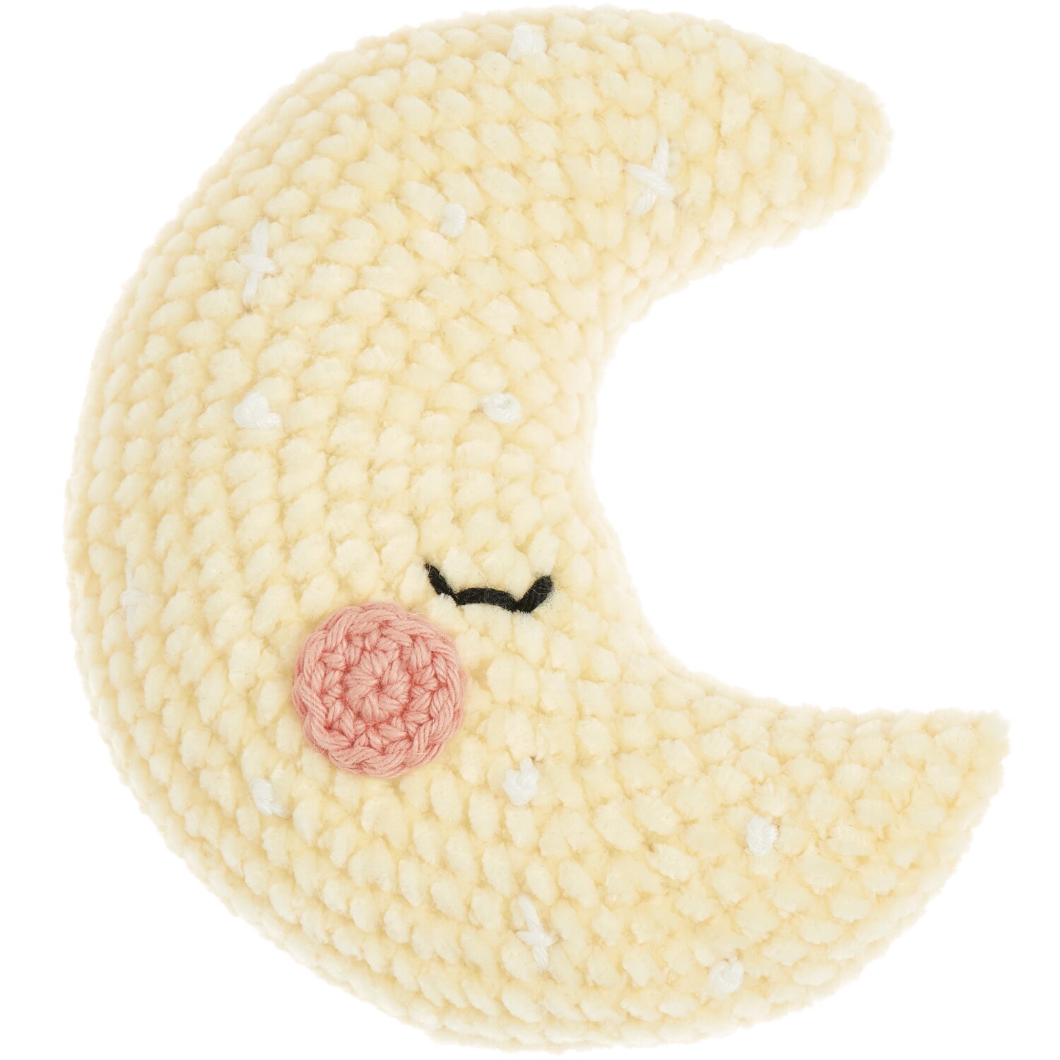 Ricorumi Glow In The Dark: Gelber gehäkelter Halbmond mit rosa Wange und geschlossenen Augen, ideal für Kinderzimmer.