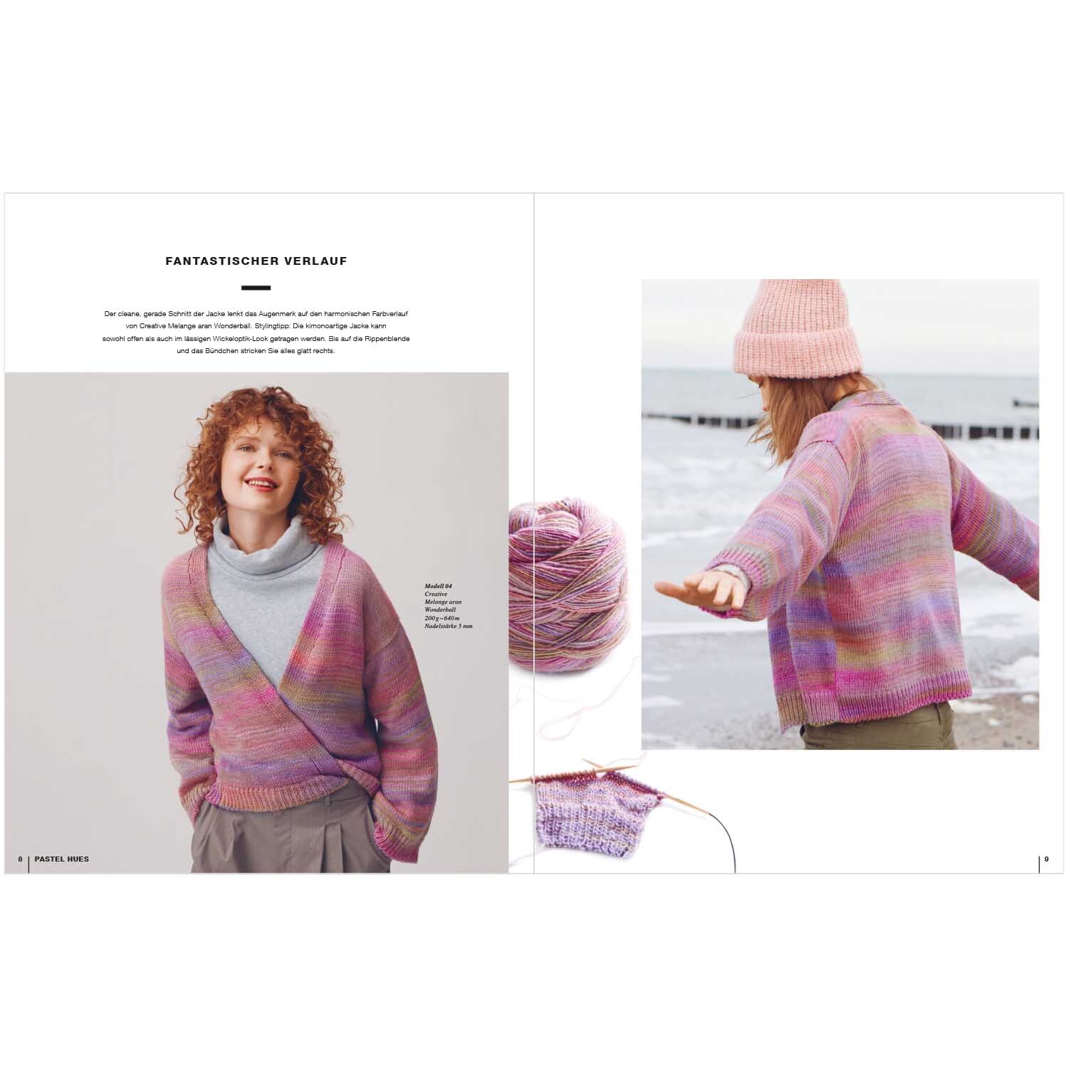 Lovewool Nr.13 Handstrickmagazin Herbst-Winter zeigt Modelle in pastellfarbenen Strickjacken am Strand.