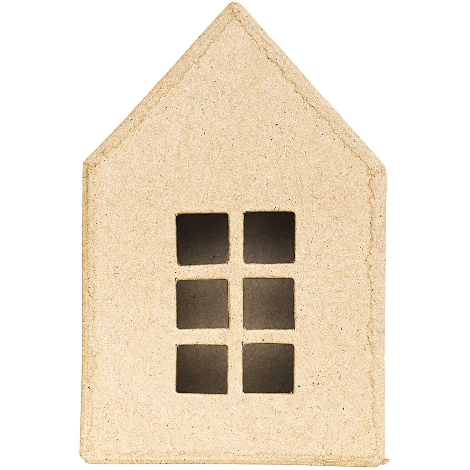 Schachtel Pappmaché-Haus von Rico Design: Ein naturfarbenes, hausförmiges Pappmaché mit vier quadratischen Fenstern.