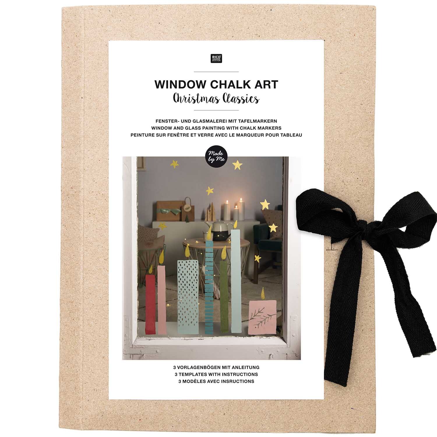 Vorlagenmappe Christmas Classics für Fenster- und Glasmalerei mit Kreidestiften von Rico Design, zeigt ein Set mit Anleitungen und bunten Kerzenmotiven.
