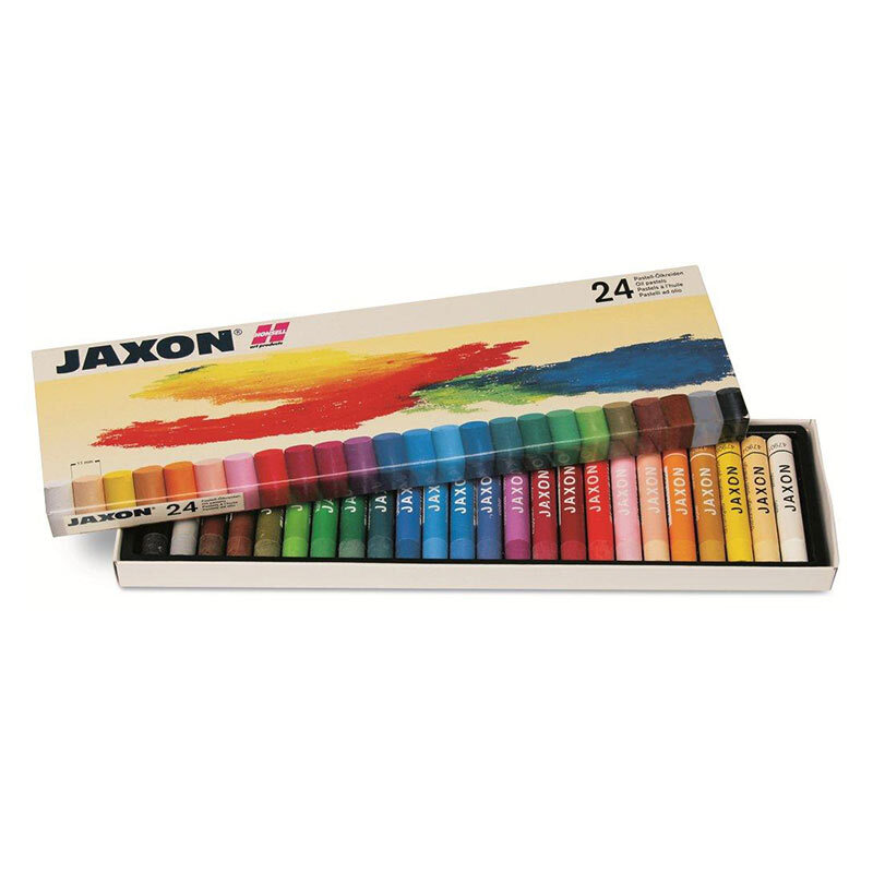 Ölkreide: 24-teiliges Set von Jaxon in einer offenen Schachtel, zeigt eine Vielzahl von Farben.