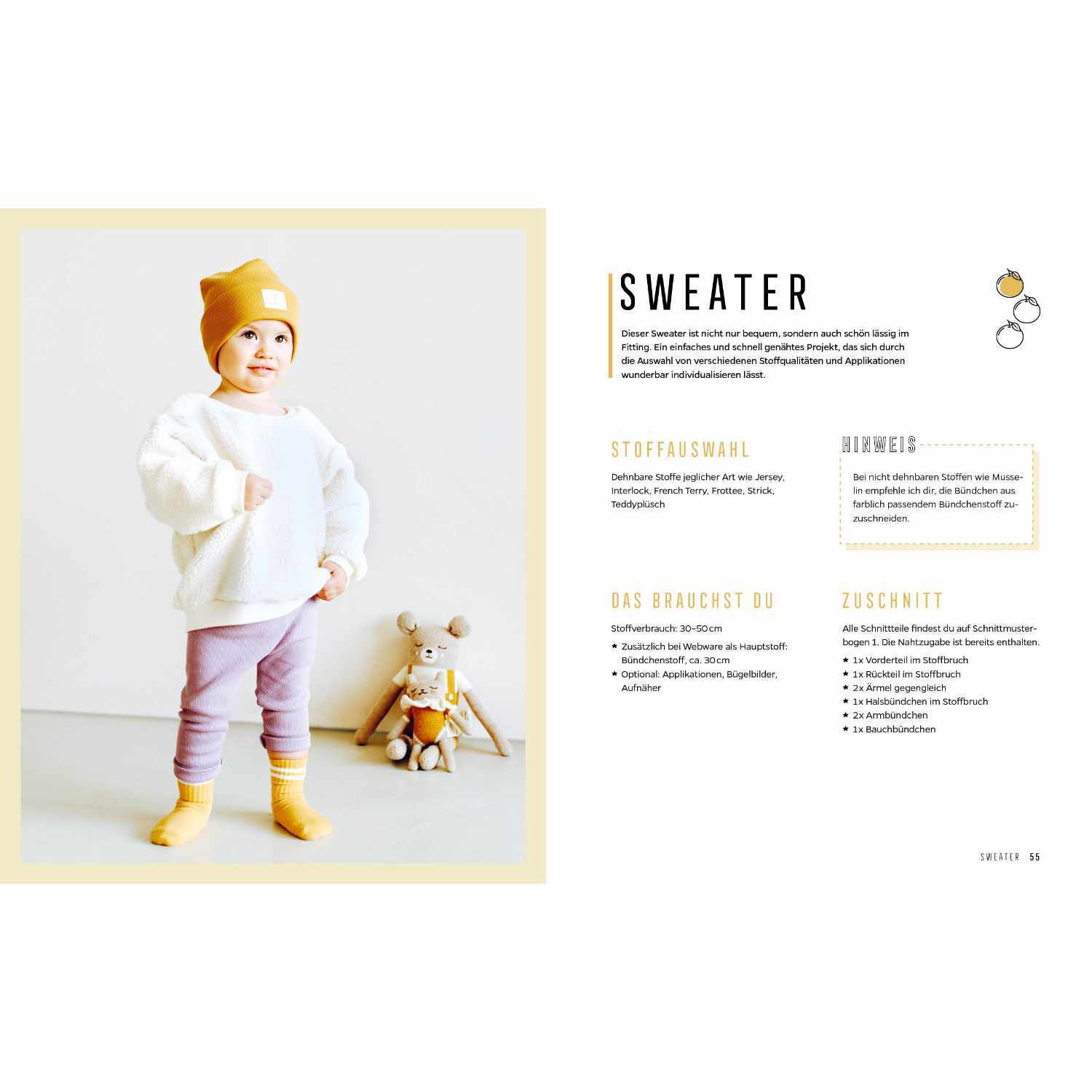 HEJLENKI - Nähen für Babys und Kleinkinder: Kind in weißem Pullover und gelber Mütze, neben Stofftier. Ideal für DIY-Projekte von EMF.