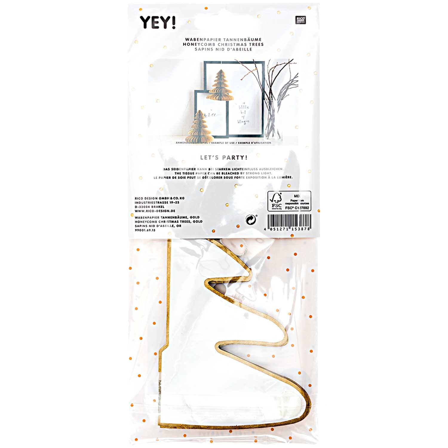 Wabenpapier Tannenbäume 20cm 2 Stück in Gold von Rico Design, verpackt in einer transparenten Tüte mit festlichem Design.