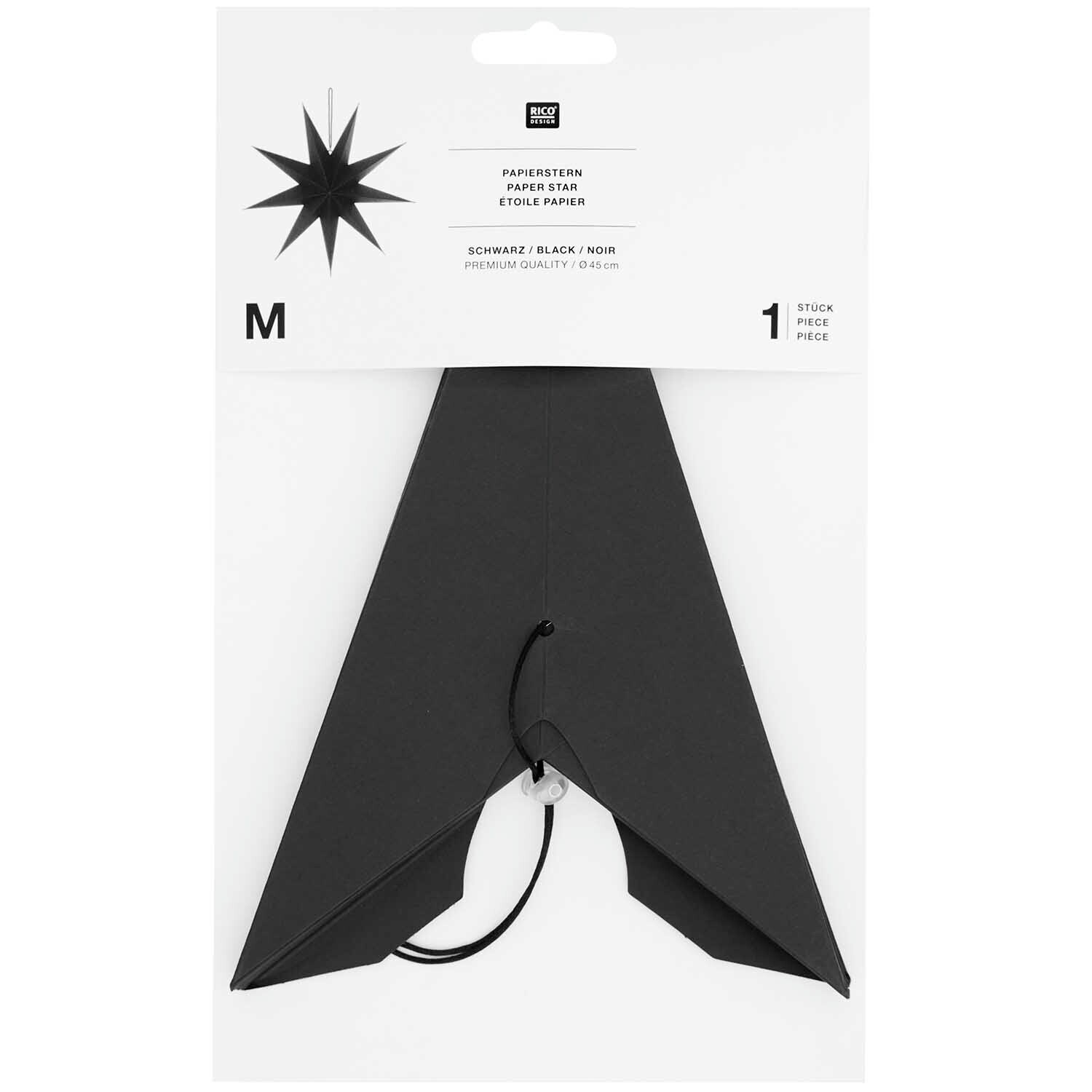 Papierstern auffaltbar 45cm von Rico Design in Schwarz, verpackt in einer transparenten Hülle mit Aufhängung. Ideal für festliche Dekorationen.