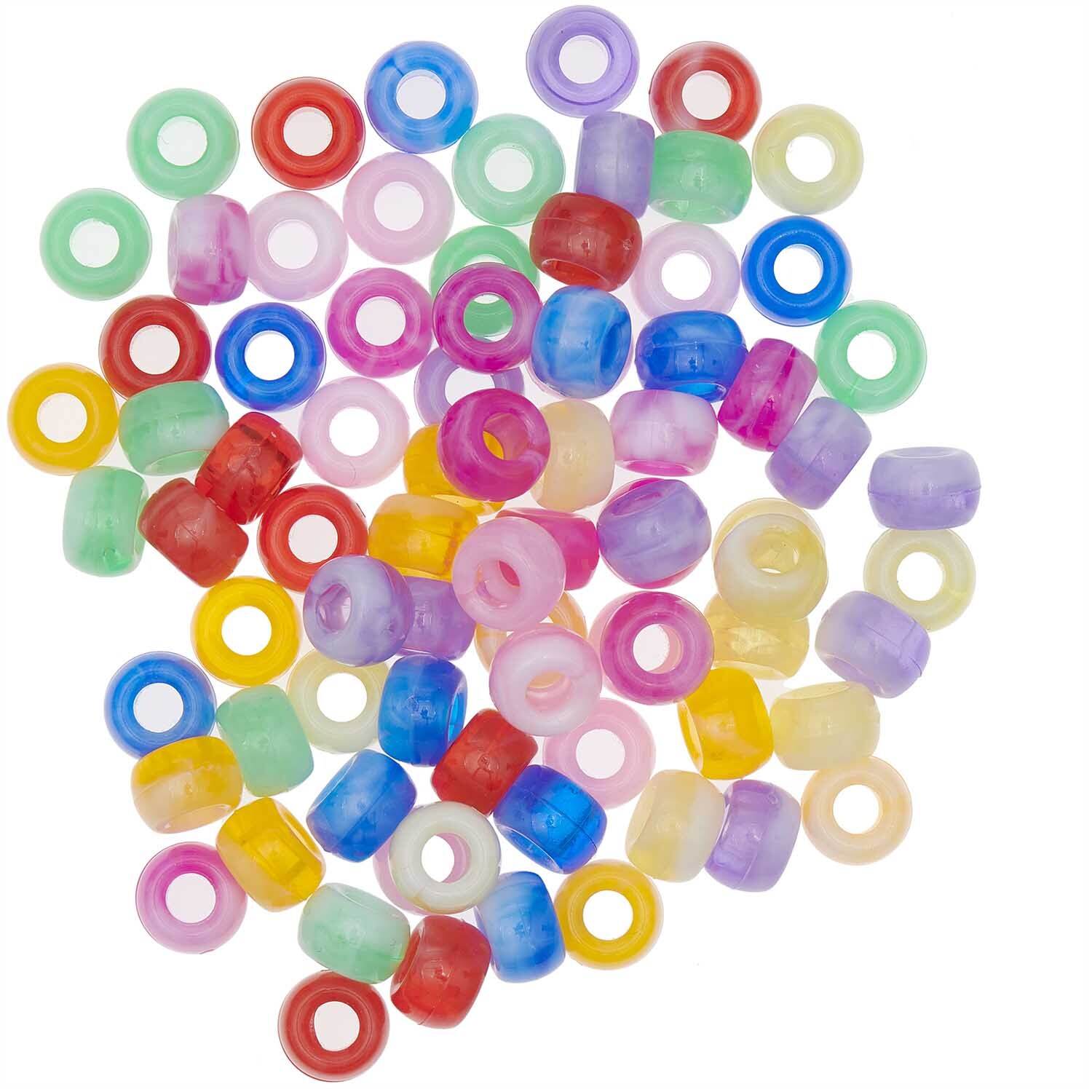Itoshii - Ponii Beads Marmor Regenbogen 9x6mm, 400 Stück, bunte Perlen von Rico Design auf weißem Hintergrund.