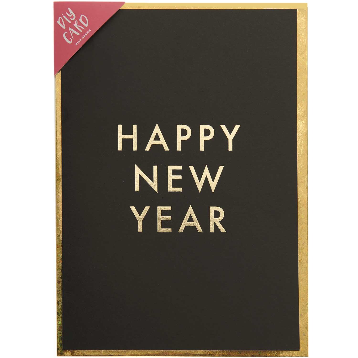 Paper Poetry Grußkartenset Happy New Year mit goldener Schrift auf schwarzem Hintergrund von Rico Design.
