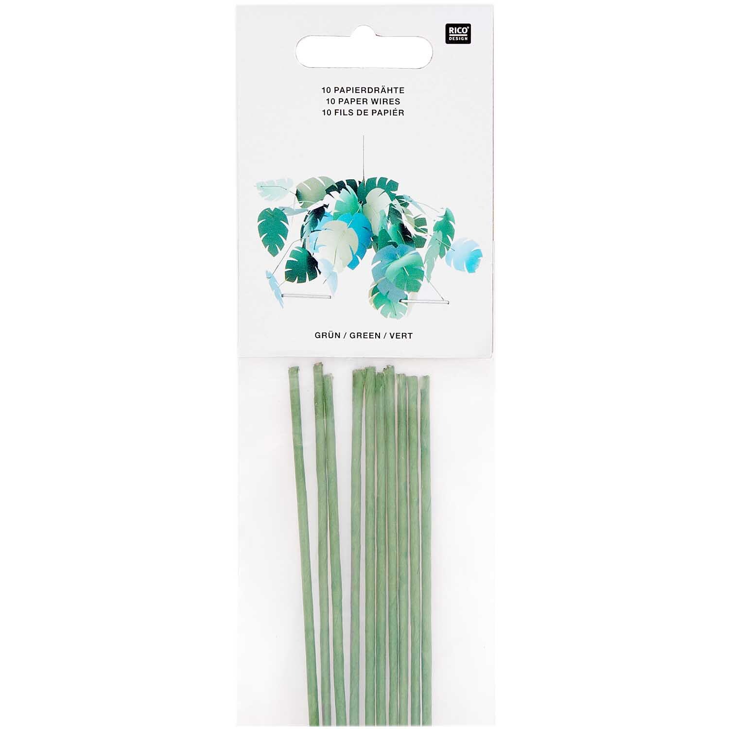 Papierdraht 1,8mm 1m 10 Stück von Rico Design in Grün, verpackt in einer transparenten Tüte mit Pflanzenmotiv.