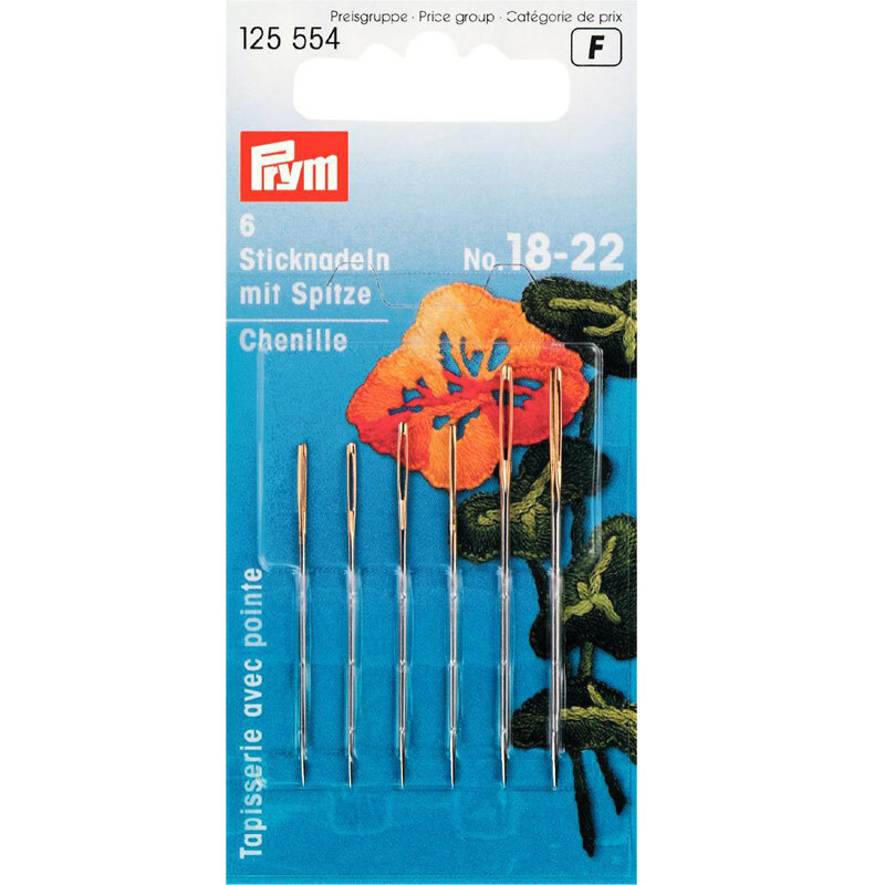 Sticknadeln mit Spitze in einer Verpackung von Prym, sechs Nadeln in Silber, ideal zum Sticken.