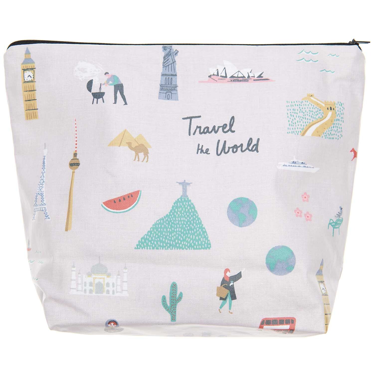 Kosmetiktasche Travel the World mit Reise-Motiven wie Eiffelturm und Big Ben, von Rico Design.