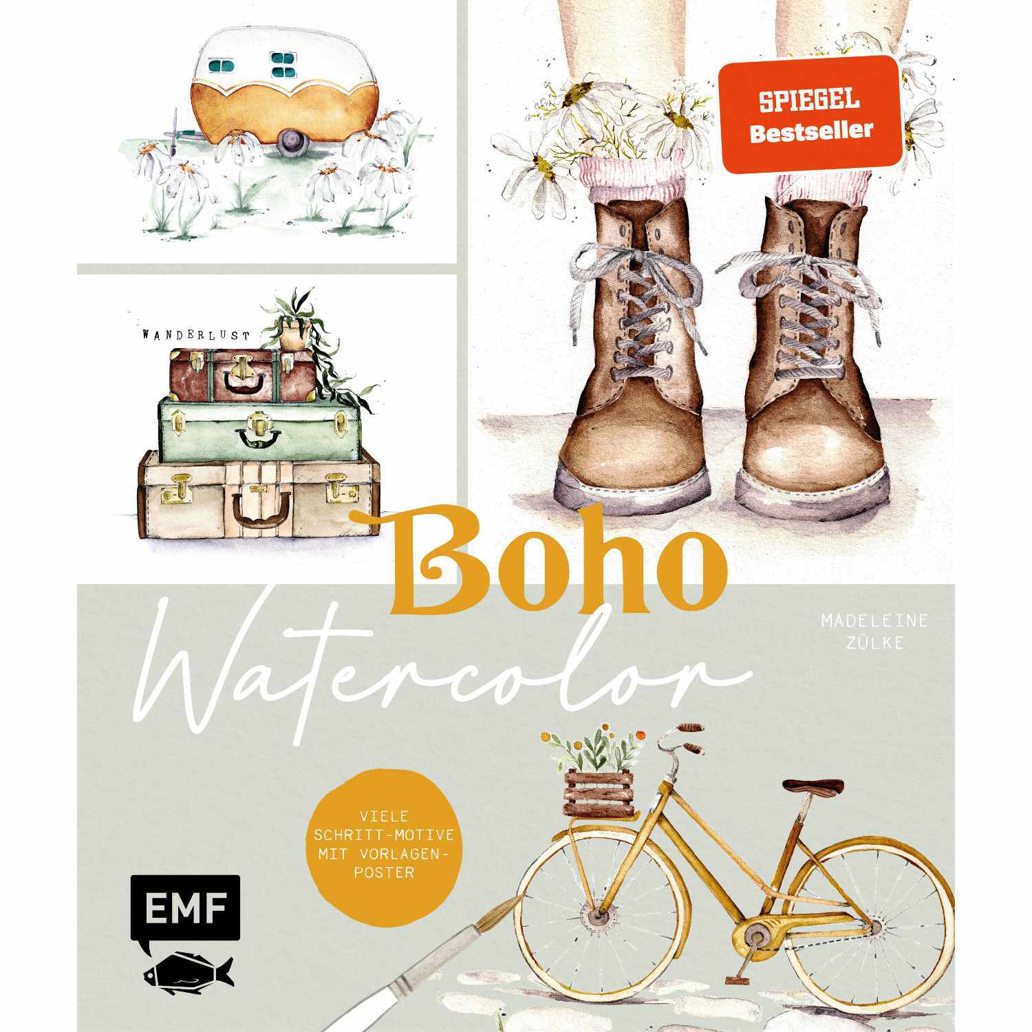 Boho Watercolor: Illustration mit Retro-Wohnwagen, Koffer, Stiefeln und Fahrrad. EMF Verlag.