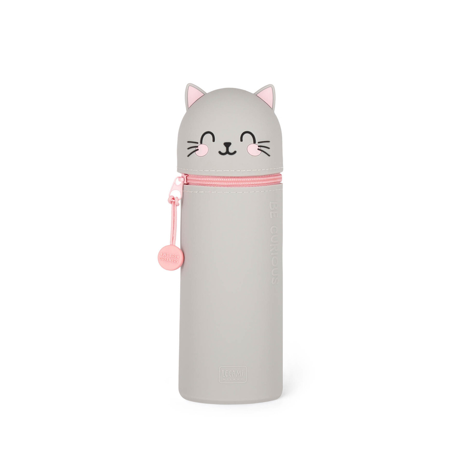 Etui Kitty: Graues Stifteetui in Katzenform mit rosa Reißverschluss, ideal für Schule und Büro. Maße Ø6,3x19cm.