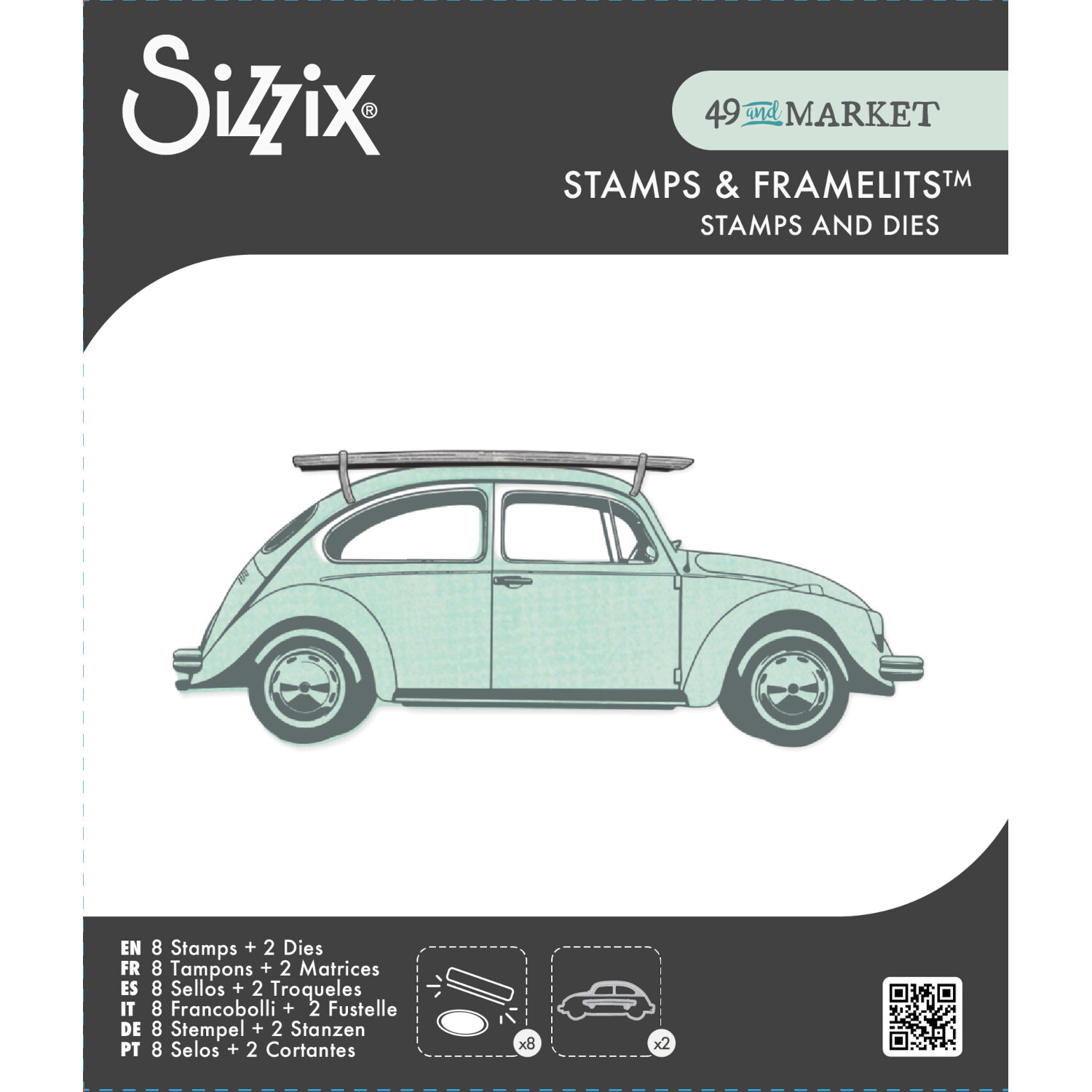 Clear Stamps \/ Framelits Journey Home Auto, Sizzix. Zehnteilige Stempel- und Stanzenset mit Auto-Motiv in Blau. Ideal für kreative Projekte.