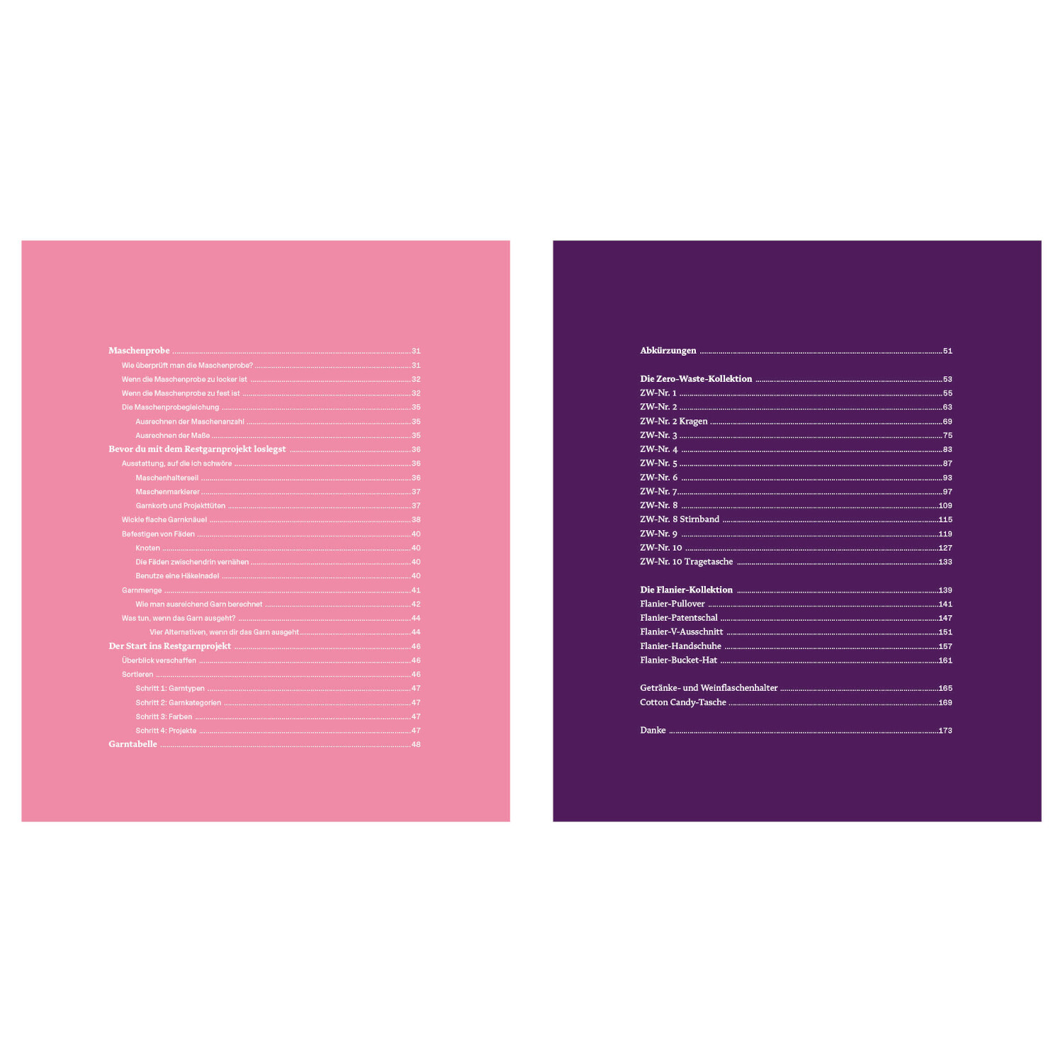 Restgarn-Remix Stricken: Inhaltsverzeichnis auf rosa und lila Hintergrund, EMF Verlag.
