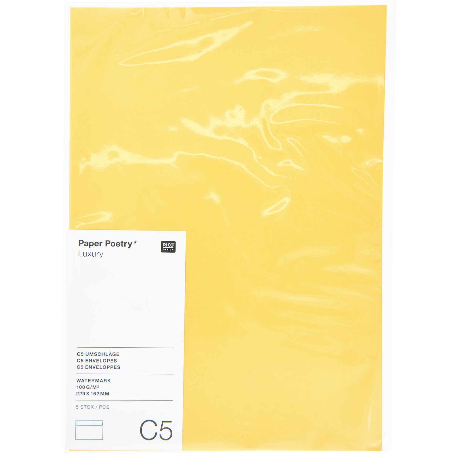 Paper Poetry Luxury Umschläge C5 in Gelb, 5 Stück von Rico Design, auf weißem Hintergrund abgebildet.