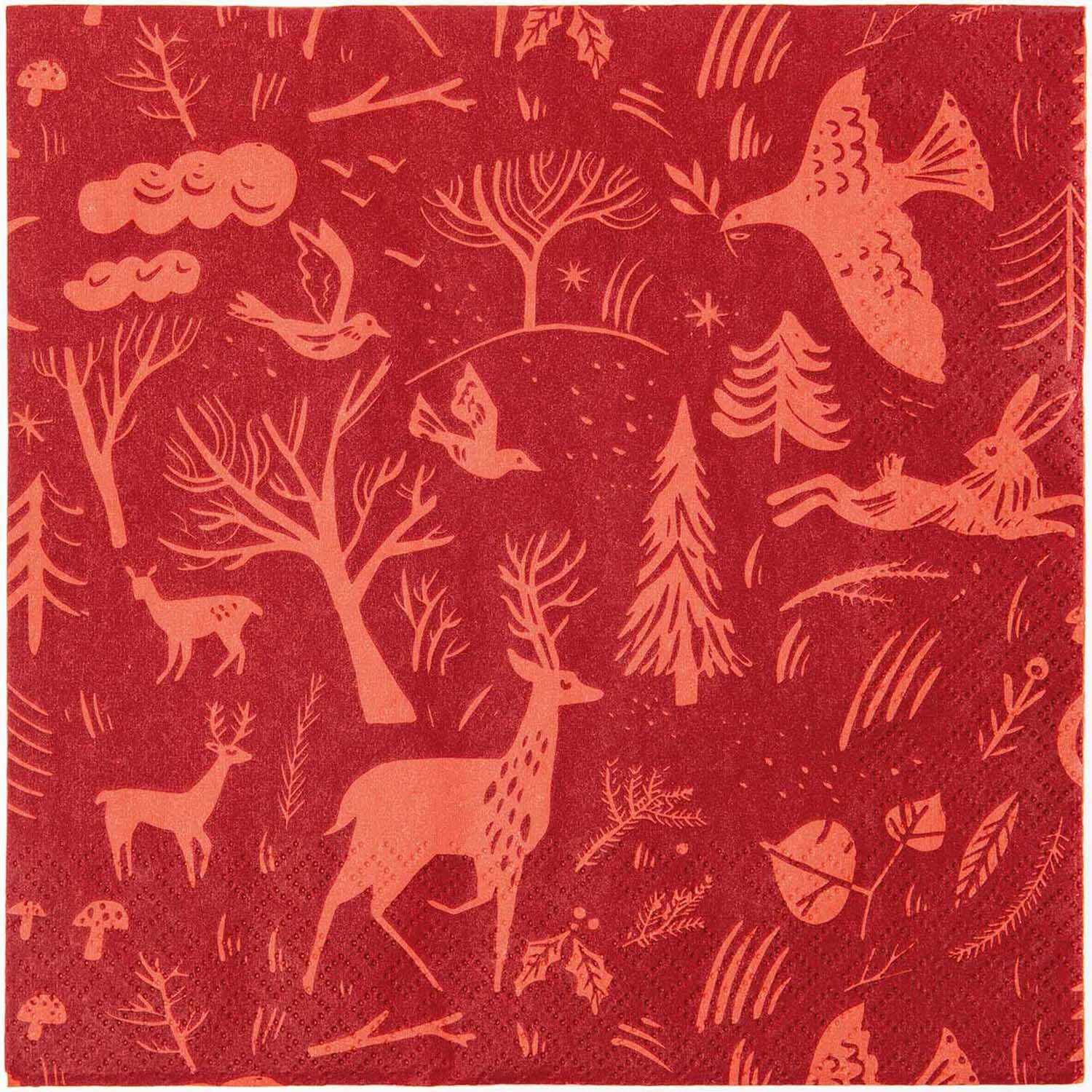 Servietten Winterwald 33x33cm 20 Stück: Rote Servietten mit Waldmotiven wie Rehen und Vögeln, von Rico Design.