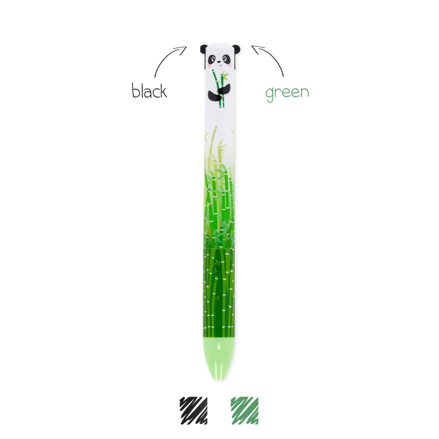 Zweifarbiger Kugelschreiber Click&Clack mit Panda-Motiv, schwarz-grün, von Legami. Ideal für Schule und Büro.