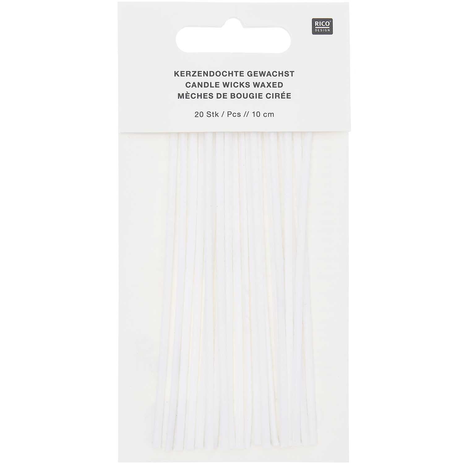 Kerzendochte gewachst 20 Stück von Rico Design in weißer Verpackung, ideal für DIY-Kerzenprojekte.