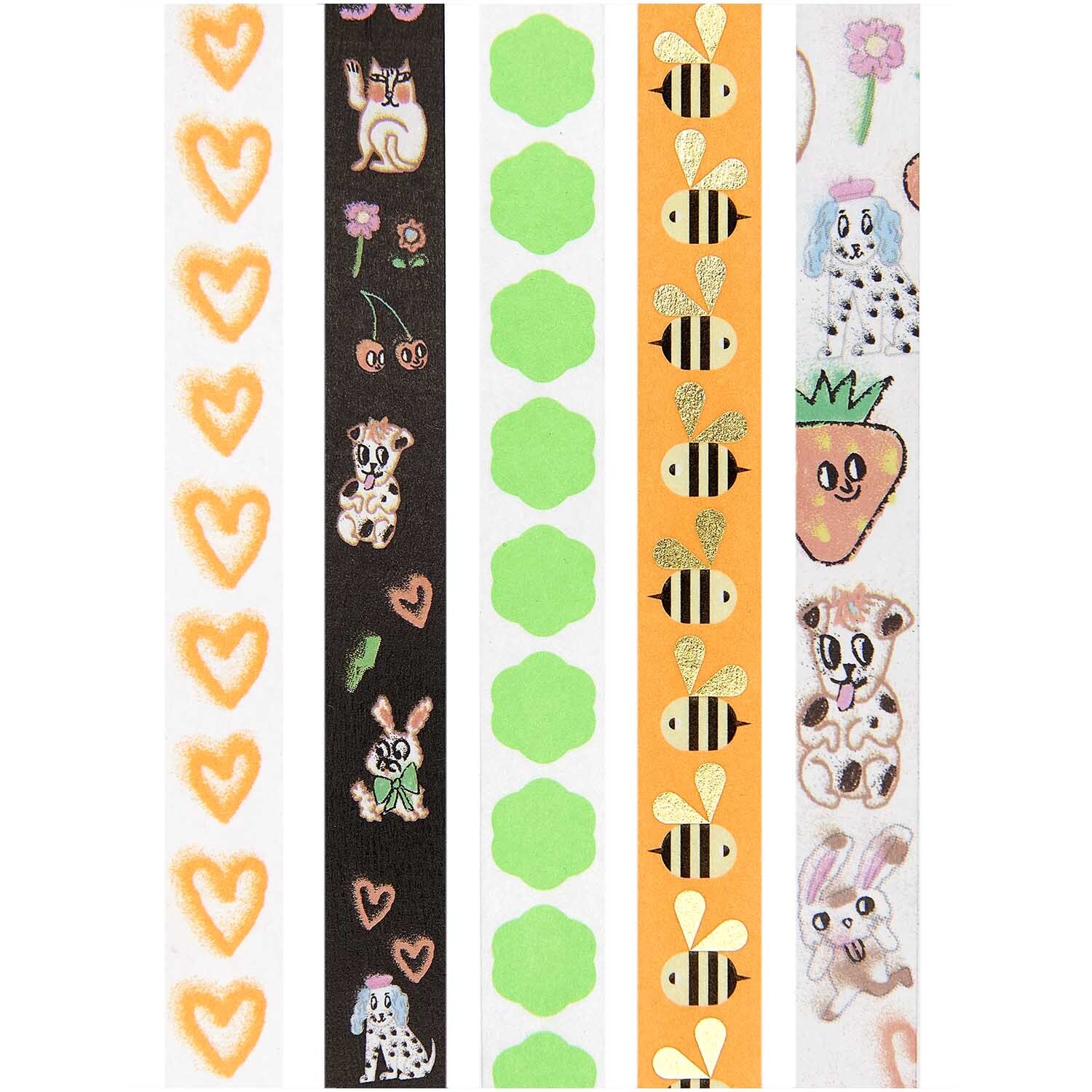 Paper Poetry Tape Set Airbrush: Fünf bunte Washi-Tapes mit Herz-, Tier- und Bienenmotiven von Rico Design.