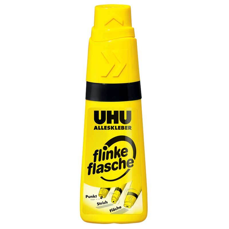 Alleskleber Flinke Flasche von UHU in gelber Verpackung mit schwarzem Schriftzug und Applikator.