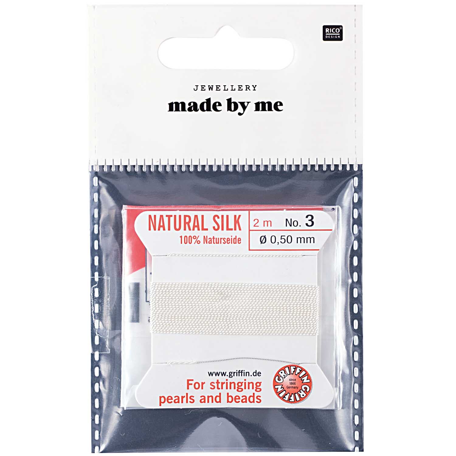 Perleaufreihseide mit Nadel, 0,5mm, 2m, in Verpackung von Rico Design, ideal zum Auffädeln von Perlen.