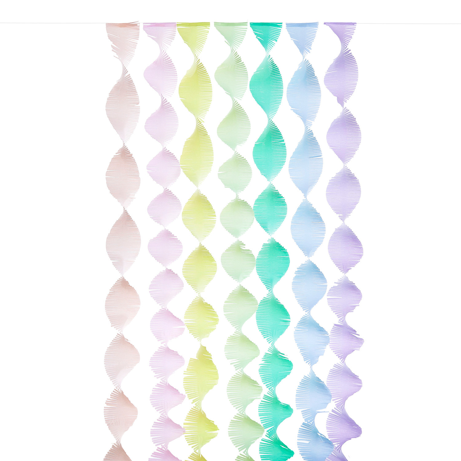 Krepp-Girlande gedreht Regenbogen Pastell Mix von Rico Design, zeigt bunte, spiralförmige Streifen in sanften Pastelltönen.