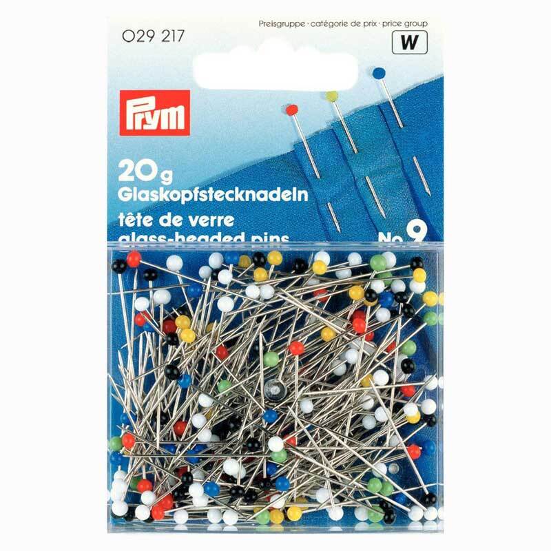Stecknadeln mit Glaskopf mehrfarbig 30mm 20g von Prym, abgebildet in einer Packung mit bunten Köpfen.