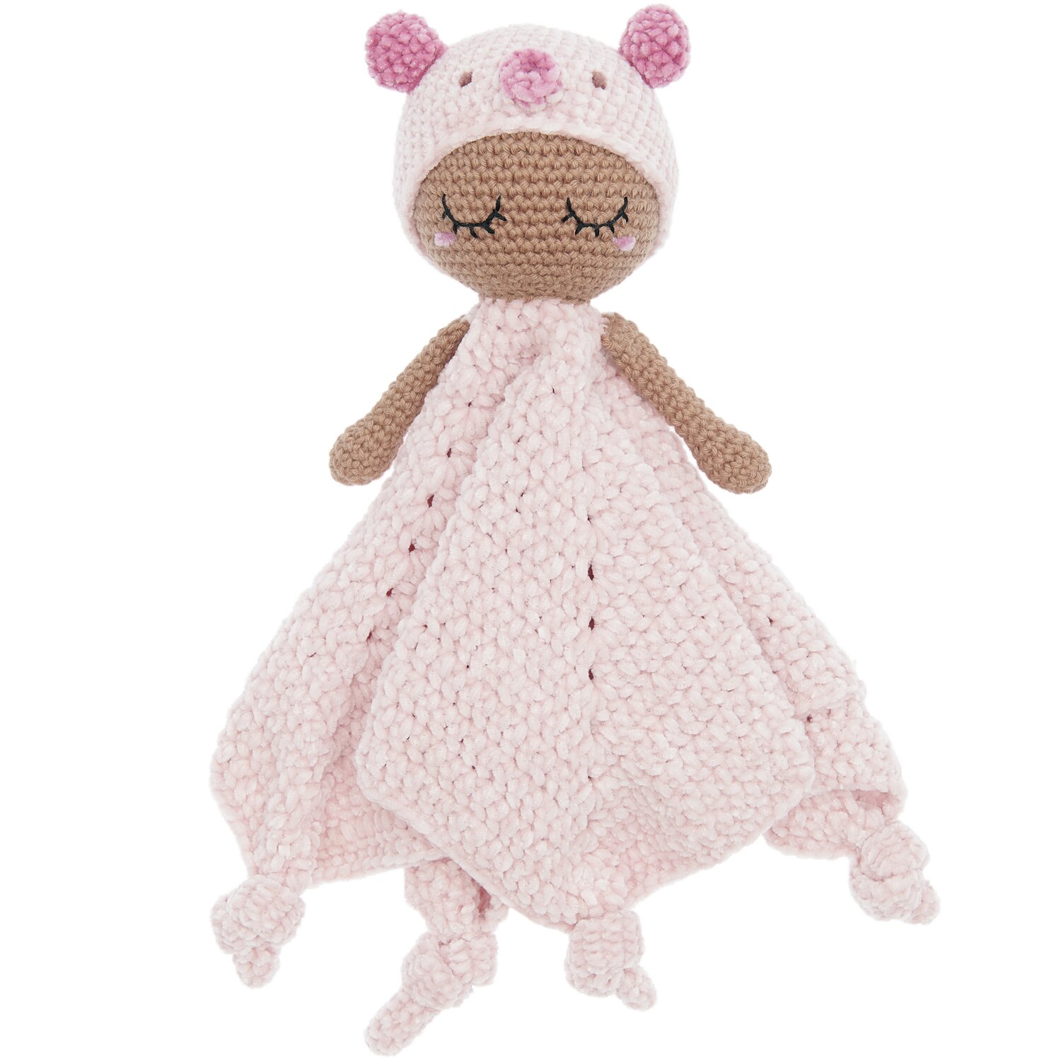 Ricorumi Häkelset Baby Blankies Schweinchen von Rico Design zeigt ein rosa gehäkeltes Schweinchen mit Schlafmütze und Decke.