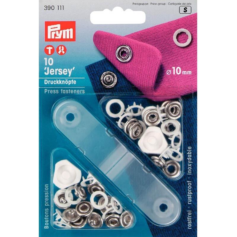 Druckknöpfe Jersey Ring, 10mm, 10 Stück von Prym. Enthält weiße Druckknöpfe auf blauem Hintergrund.