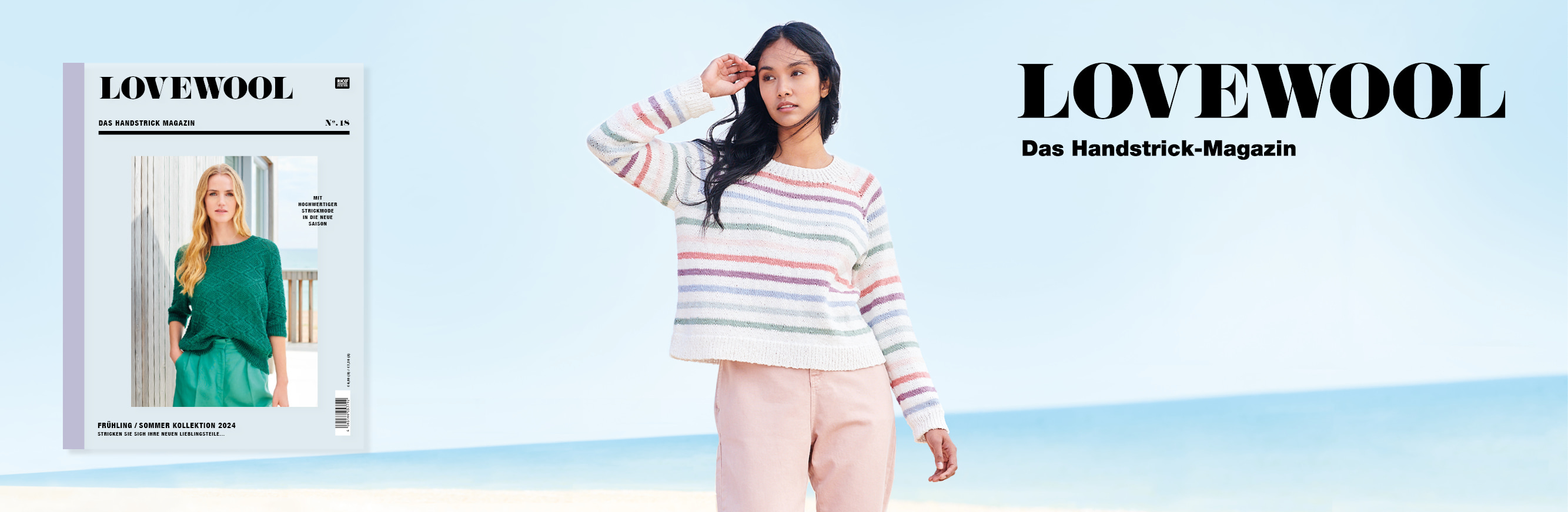 Frau trägt gestreiften Strickpullover Modell 14 aus Lovewool No. 18 an Strandlandschaft. Daneben Cover des Handstrick Magazins Lovewool No. 18 und Logo 