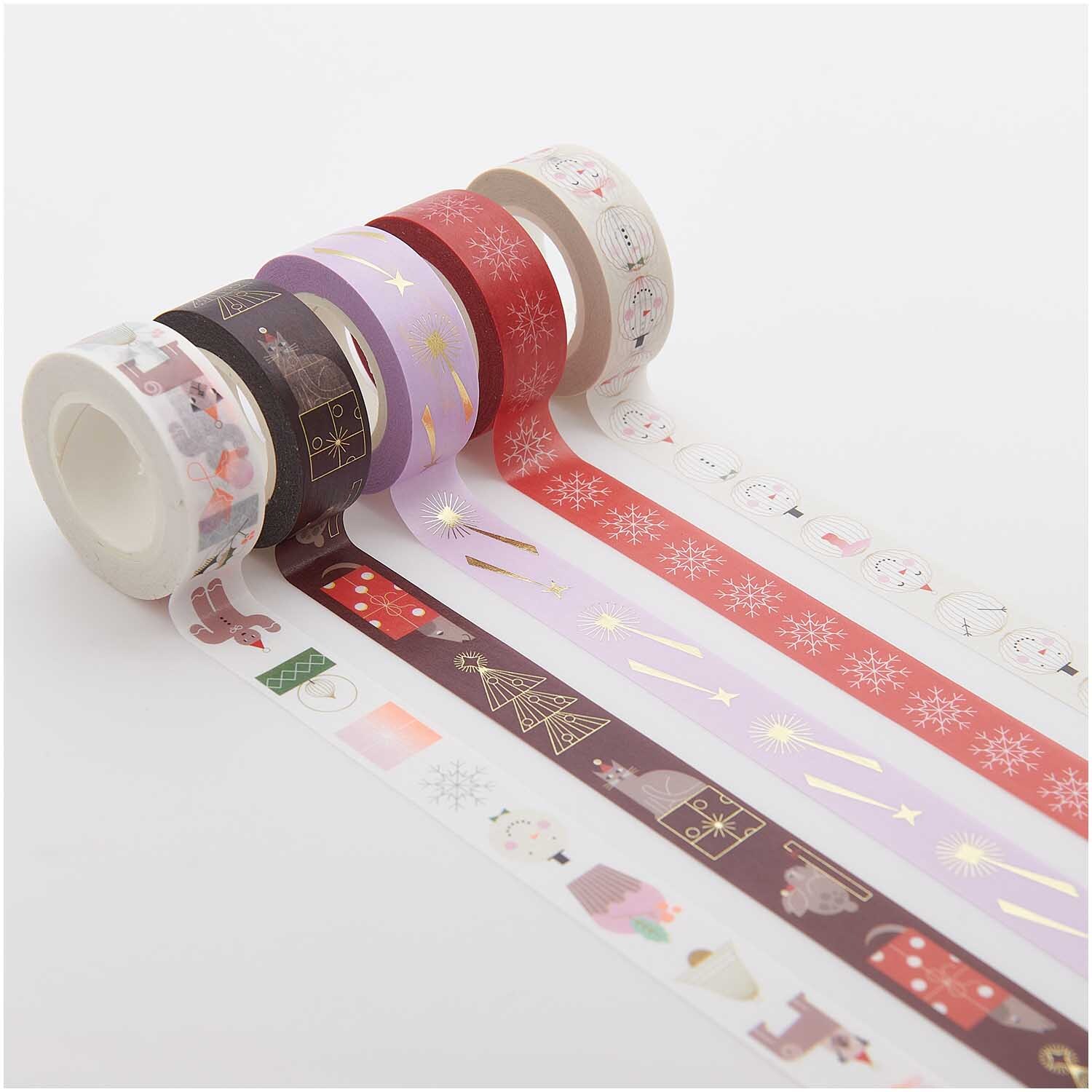 Paper Poetry Tape Set Christmas Figuren, 5-teilig, mit festlichen Motiven in Rot, Lila und Weiß. Ideal für kreative Weihnachtsdekorationen.