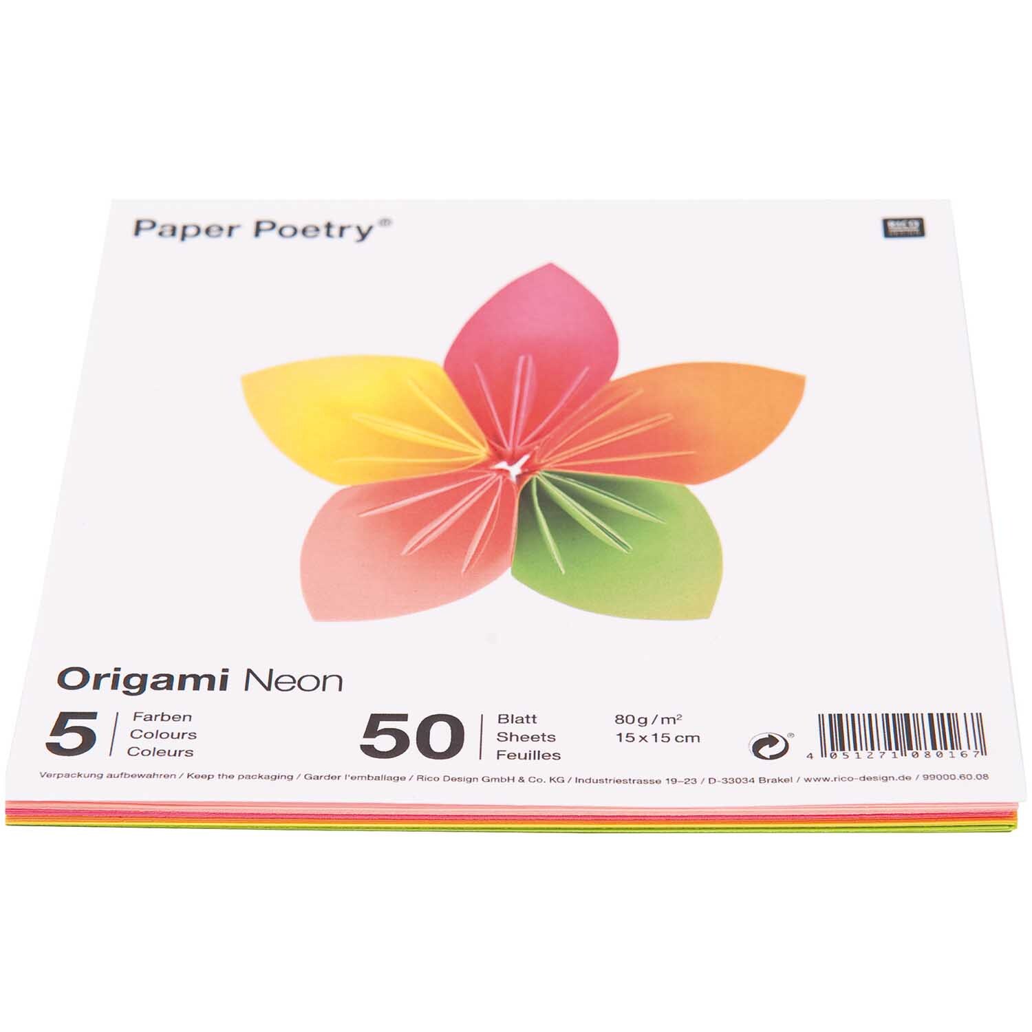 Paper Poetry Origami neon 15x15cm 50 Blatt zeigt bunte Origami-Blätter in Blütenform. Ideal für kreative Bastelprojekte.