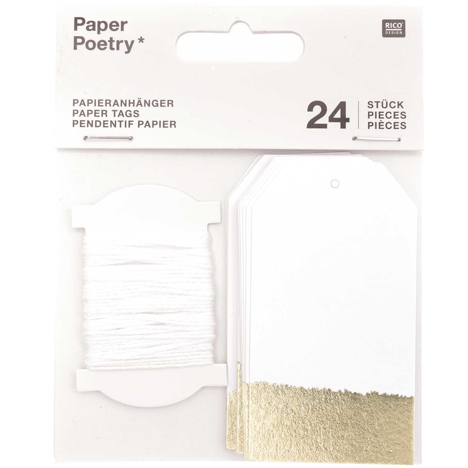 Paper Poetry Papieranhänger 4,5x8cm 24 Stück, elegante Anhänger in Weiß-Gold von Rico Design, ideal für kreative Projekte.