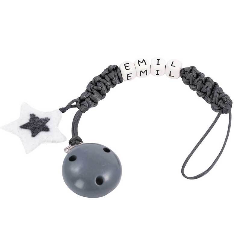 Buchstaben Würfel, personalisierte Schnullerkette mit grauem Clip und Sternanhänger, ideal für Babys.