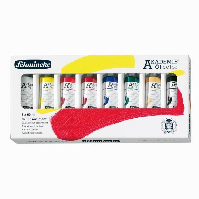 Akademie Öl Color Set 8x60ml von Schmincke mit acht mehrfarbigen Tuben in einer weißen Verpackung.