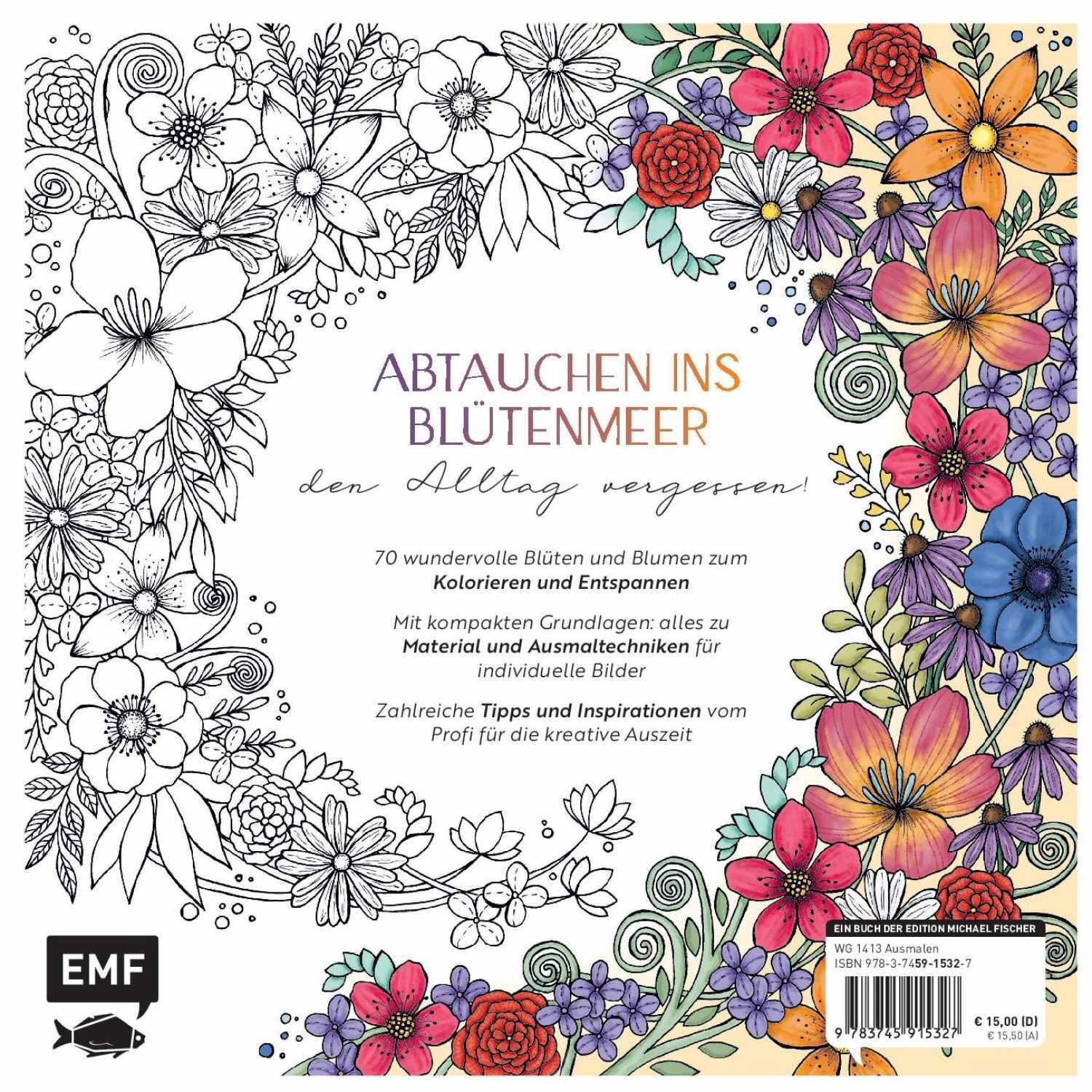 Blütentraum - Florale Motive zum Ausmalen: Buntes Blumenmuster mit EMF-Logo, ideal zum Entspannen und Kreativsein.